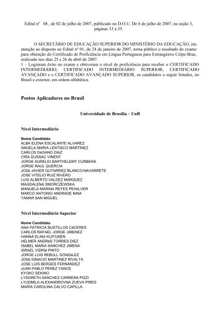 Resultado Celpe-Bras 1º/2007 - Ministério da Educação