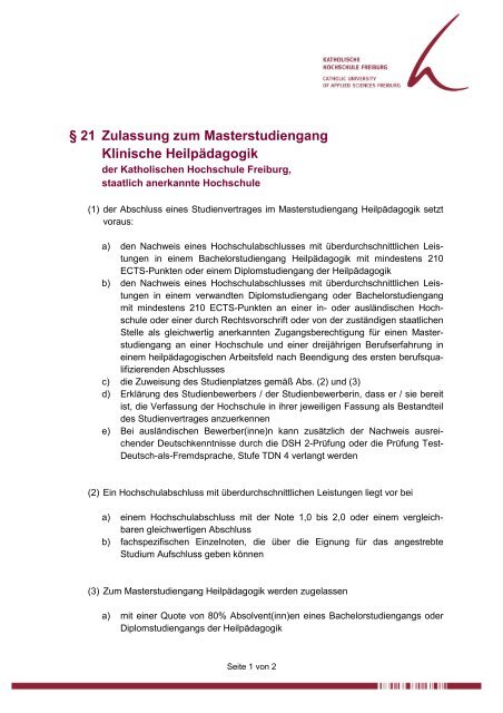 § 21 Zulassung zum Masterstudiengang Klinische Heilpädagogik