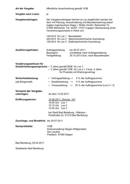 Ãffentliche Ausschreibung der Stadtwerke Bad Berleburg