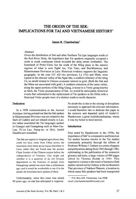 The Journal of the Siam Society Vol. LXXXVI, Part 1-2 ... - Khamkoo