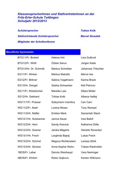 KlassensprecherInnen 2012/2013 - Fritz-Erler Schule Tuttlingen