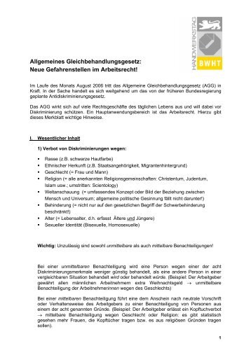 Merkblatt des BWHT zum Allgemeinen Gleichbehandlungsgesetz