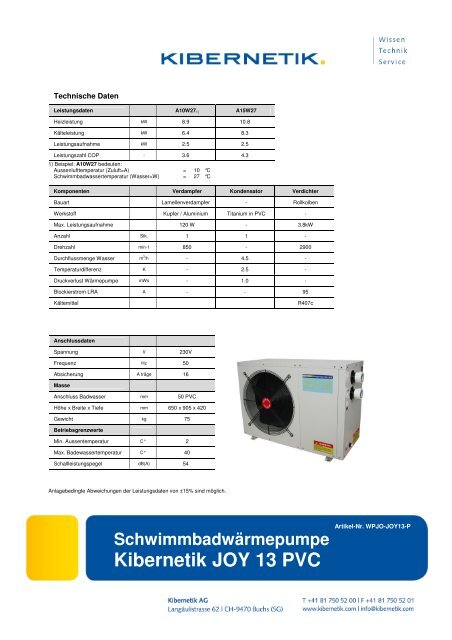 Datenblatt SchwimmbadwÃ¤rmepumpe Kibernetik Joy 13 PVC