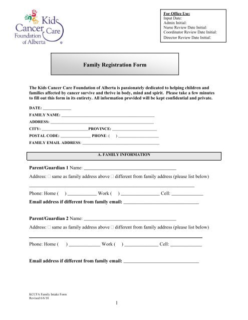 Family Registration Form - Kids Cancer Care