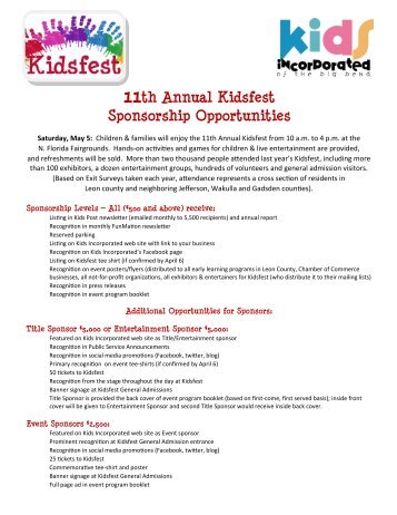11th Annual Kidsfest Sponsorship Opportunities - Kids Incorporated