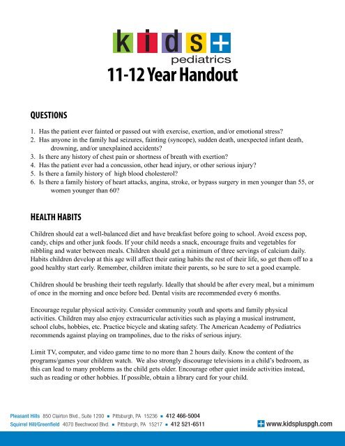 11-12 Year Handout - Kids Plus Pediatrics