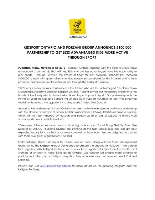 KidSport Ontario, Forzani Group and OFSAA announce partnership