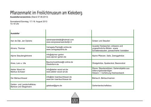 Aussteller Pflanzenmarkt 2013 - Freilichtmuseum am Kiekeberg