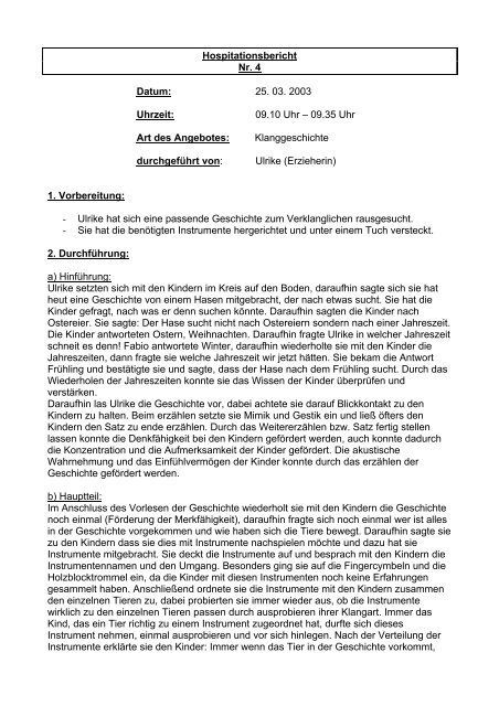 Hospitationsbericht Nr. 4 Datum - Kindergarten-Homepage