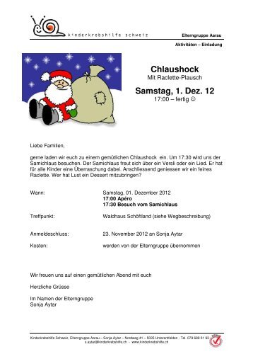 Chlaushock Samstag, 1. Dez. 12 - Kinderkrebshilfe Schweiz