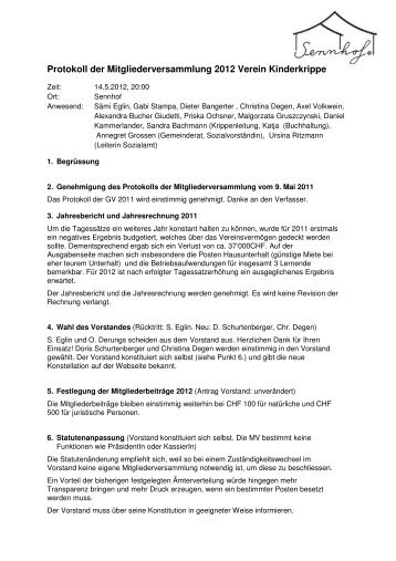 Protokoll der GV 2012 - Kinderkrippe Sennhof