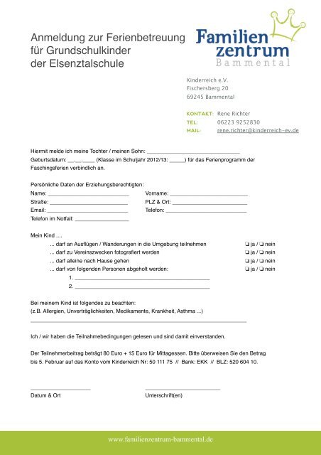 Anmeldeformular Faschingsferien 11 A 15 Februar 2013