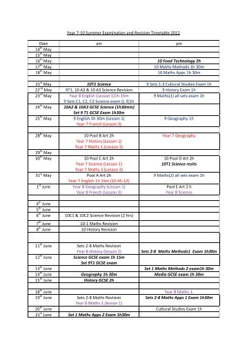 Year 7-10 Summer Examination and Revision Timetable 2012 Date ...