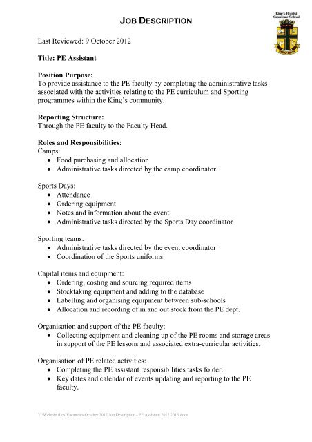 Job Description Kings Baptist Grammar School
