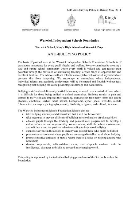 ANTI-BULLYING POLICY - King's High