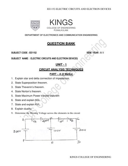 ee1152-electric circuits and electron devices - Kings College of ...