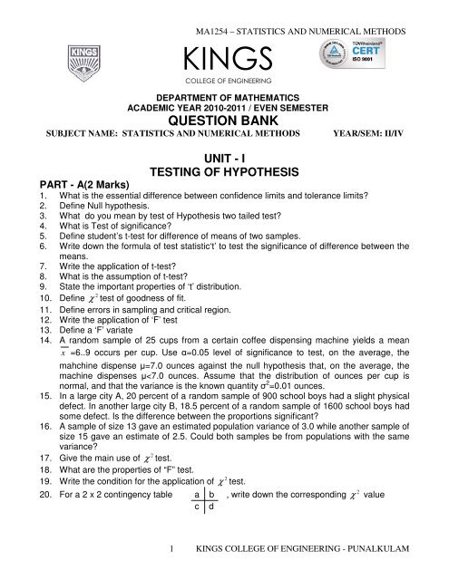 Ma1254 A Statistics And Numerical Methods Kings College Of