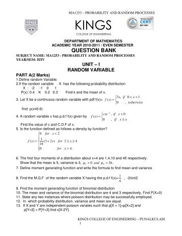 probability and random processes - Kings College of Engineering