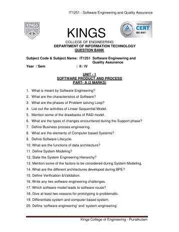it 1251- software engineering quality assurance - Kings College of ...