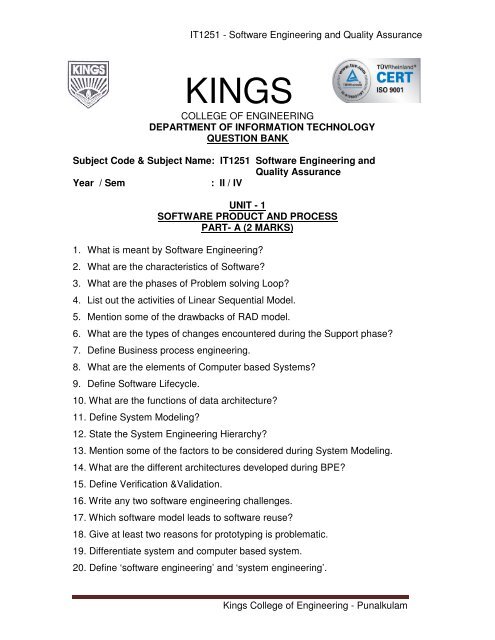 It 1251 Software Engineering Quality Assurance Kings College Of