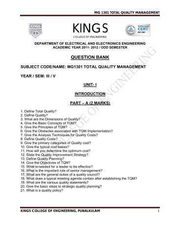 mg1301 total quality management - Kings College of Engineering
