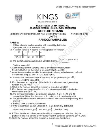 probability and queuing theory - Kings College of Engineering