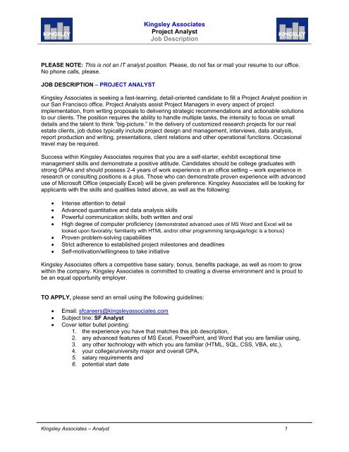 Kingsley Associates Project Analyst Job Description