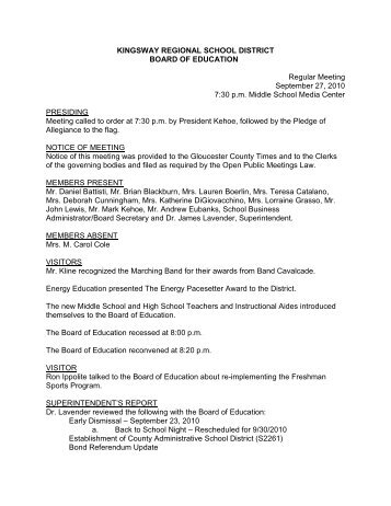 September 27, 2010 - Kingsway Regional School District