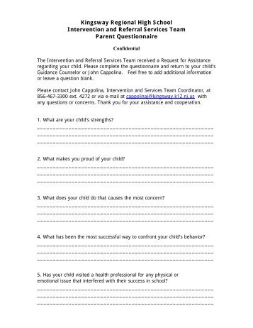 I&RS Parent Questionnaire - Kingsway Regional School District