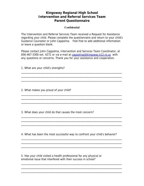I&RS Parent Questionnaire - Kingsway Regional School District