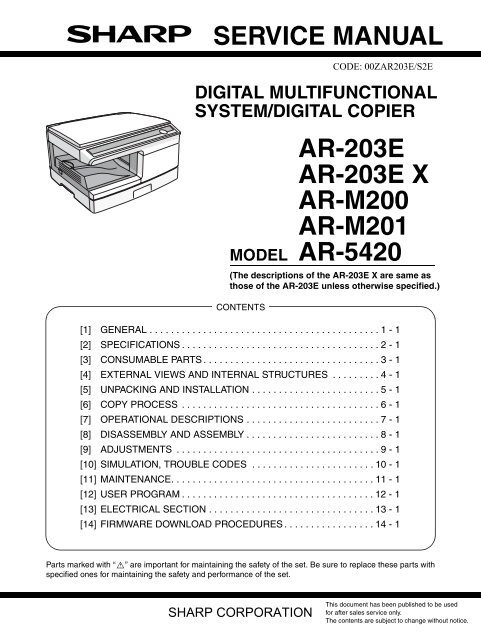 service manual ar-203e ar-203e x ar-m200 ar-m201 model ar-5420