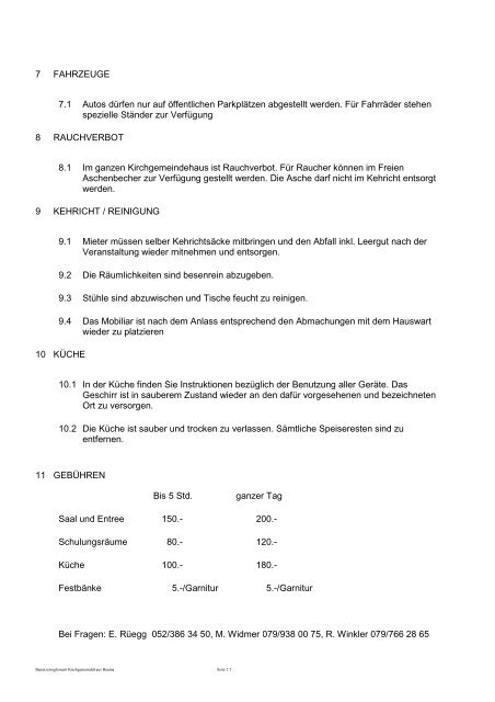 Benutzerreglement und Preise Kirchgemeindehaus