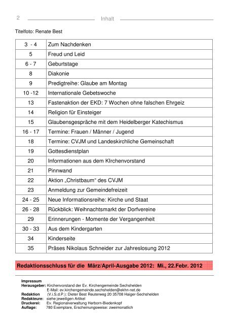 Gemeindebrief 2012 Januar Februar - Kirchengemeinde Sechshelden