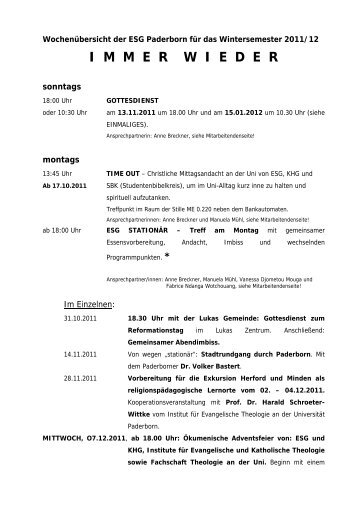 WochenÃ¼bersicht der ESG Paderborn fÃ¼r das Wintersemester 2011/12