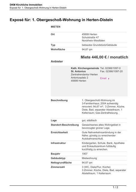 ExposÃ© fÃ¼r: 1. ObergeschoÃ-Wohnung in Herten-Disteln Miete 446 ...