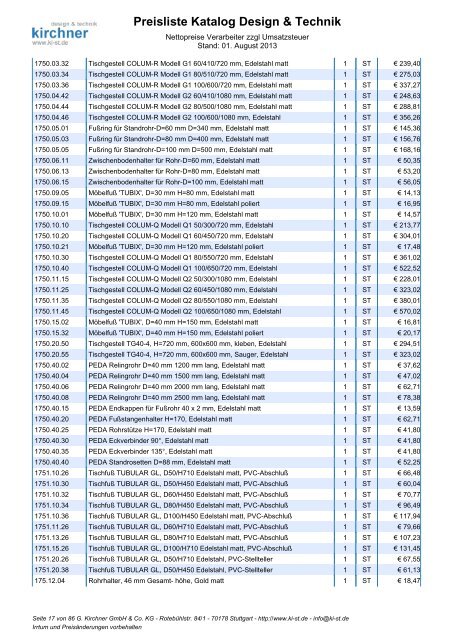 Preisliste Katalog Design & Technik - G. Kirchner