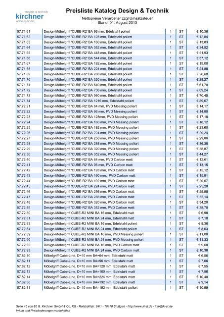 Preisliste Katalog Design & Technik - G. Kirchner
