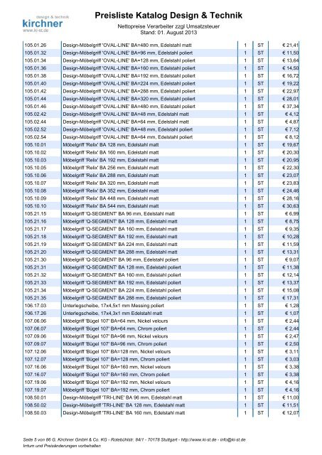 Preisliste Katalog Design & Technik - G. Kirchner