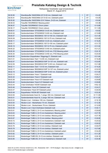 Preisliste Katalog Design & Technik - G. Kirchner