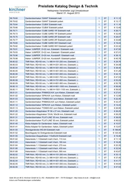 Preisliste Katalog Design & Technik - G. Kirchner