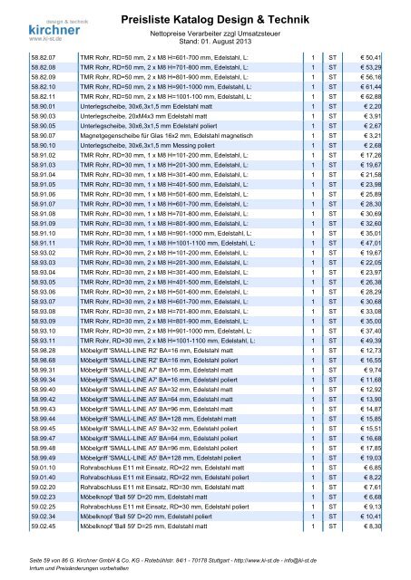 Preisliste Katalog Design & Technik - G. Kirchner