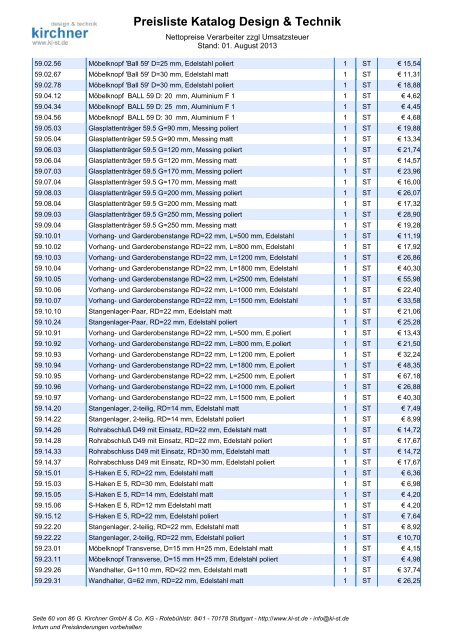 Preisliste Katalog Design & Technik - G. Kirchner