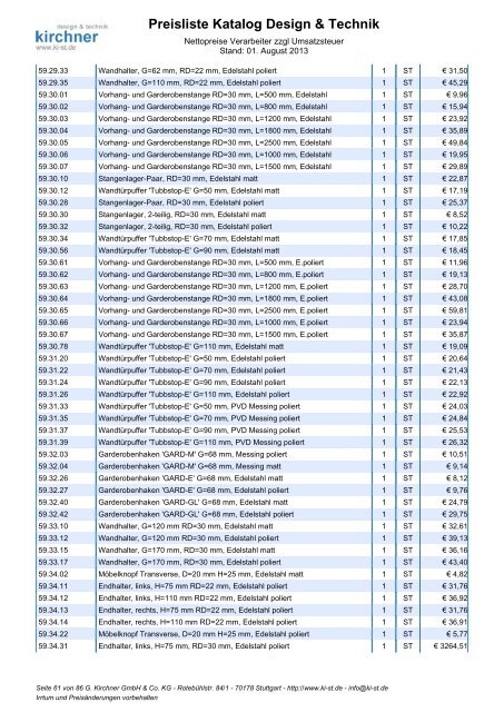 Preisliste Katalog Design & Technik - G. Kirchner
