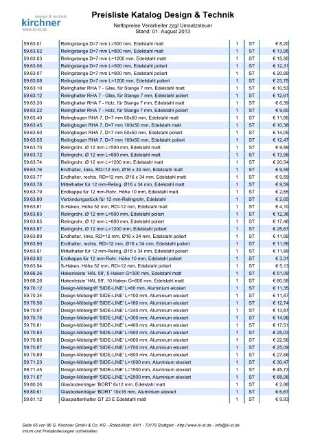 Preisliste Katalog Design & Technik - G. Kirchner