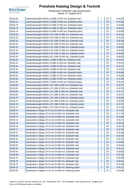Preisliste Katalog Design & Technik - G. Kirchner