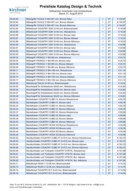 Preisliste Katalog Design & Technik - G. Kirchner