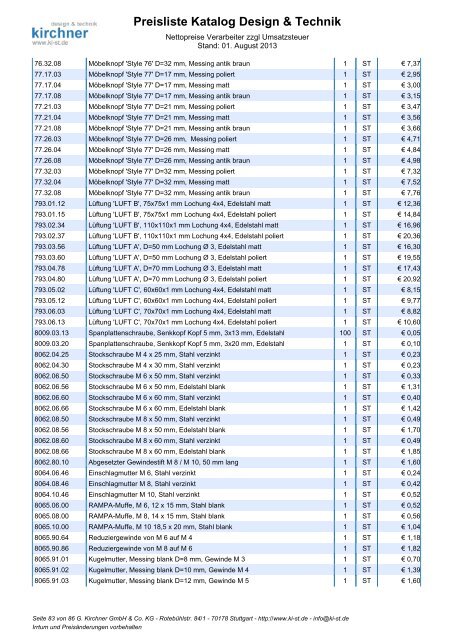Preisliste Katalog Design & Technik - G. Kirchner