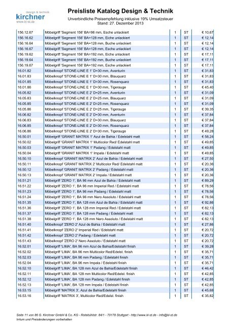 Preisliste Katalog Design & Technik - G. Kirchner