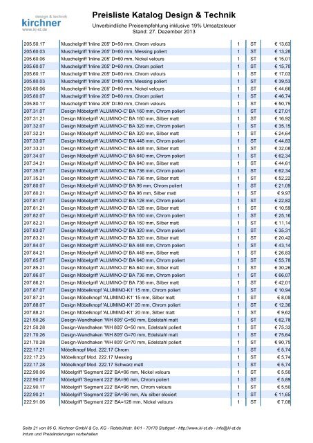 Preisliste Katalog Design & Technik - G. Kirchner