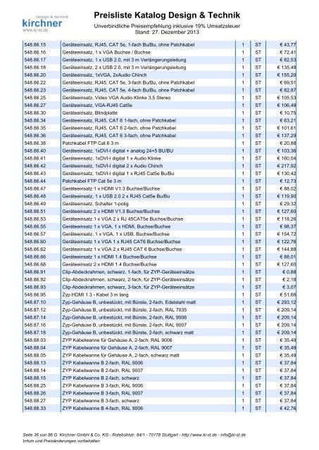 Preisliste Katalog Design & Technik - G. Kirchner